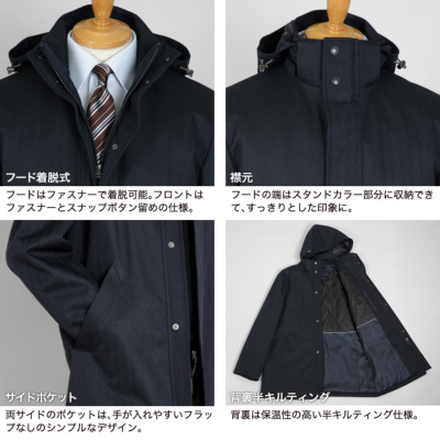 ルネ　ハーフコート　ジャケット　36 フード着脱式 ハーフコート メンズ 背裏半キルティング 軽量 撥