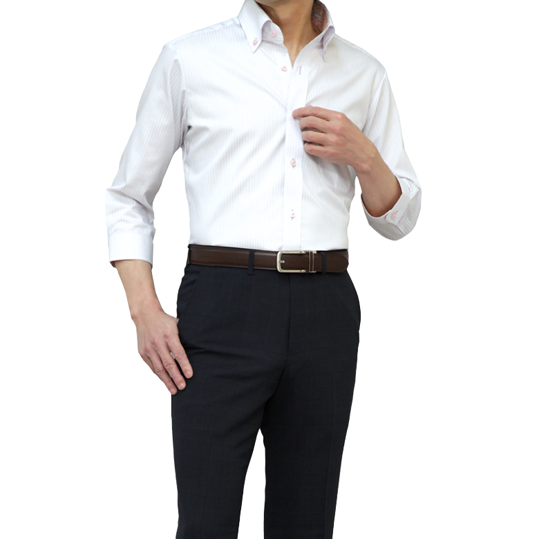 七分袖 ワイシャツ メンズ a.v.v 形態安定 7分袖 夏 清涼 クールビズ ボタンダウン スリム yシャツ ドレスシャツ ビジネス カジュアル  テレワーク リモートワーク オシャレ 袖裏切り替え 半袖 5分袖 形態安定加工 紳士服通販 メンズスーツKOKUBO